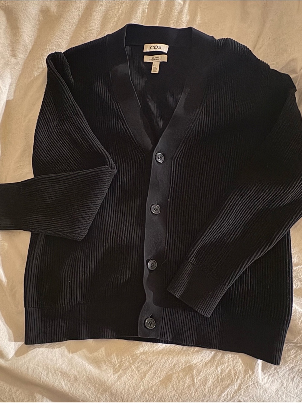 COS Black Ribbed V-Neck Button-Front Cardigan - Picture 2 of 4